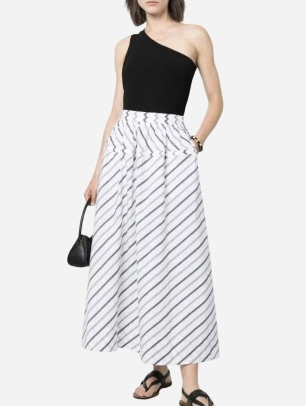 NWT Tory Burch Variegated Stripe Poplin Midi Skirt White Black Size 0